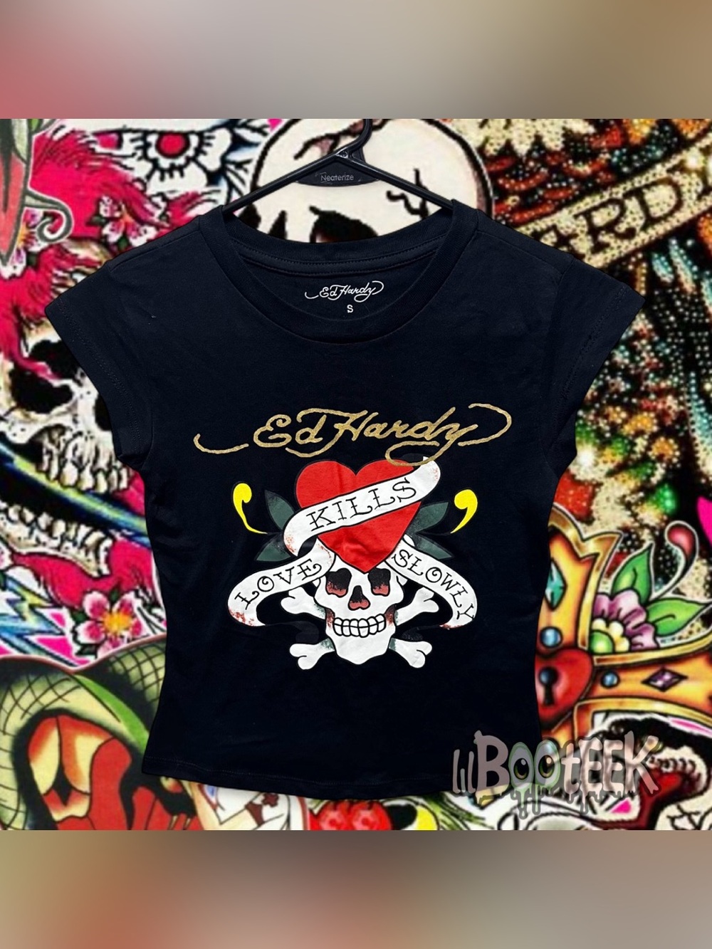 Ed Hardy Ladies SM Black Cap Sleeve Baby Tee Gold Logo Love Kills Slowly NEW Y2K